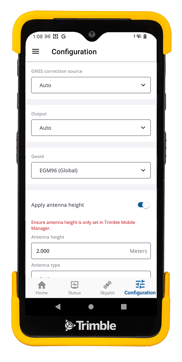 Device showing Trimble Mobile Manager on screen
