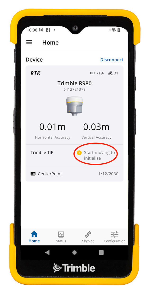 Device showing Trimble Mobile Manager on screen