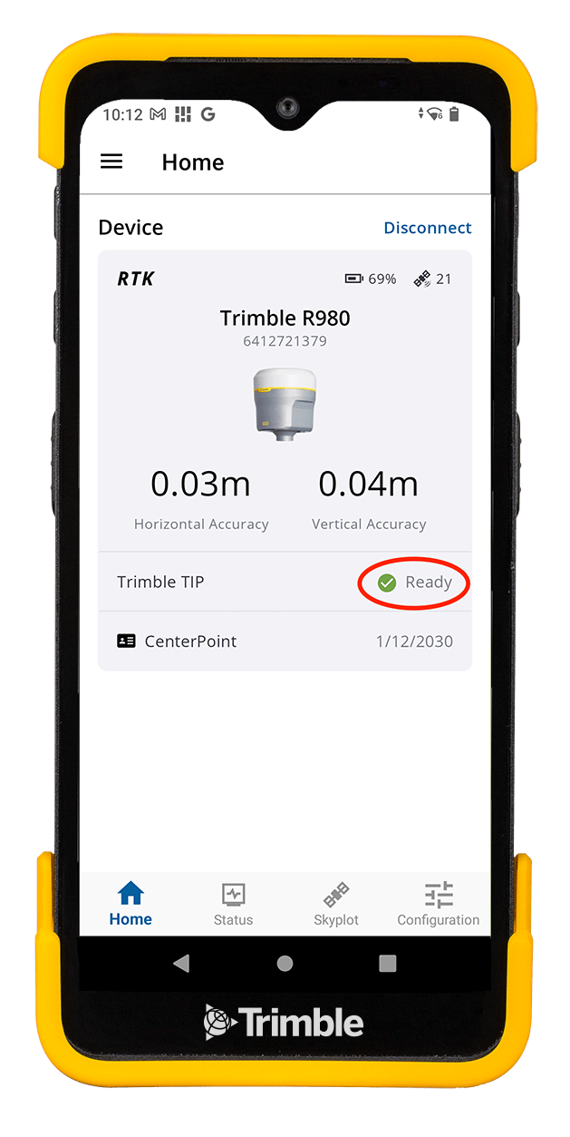 Device showing Trimble Mobile Manager on screen