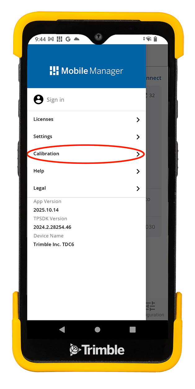 Device showing Trimble Mobile Manager on screen