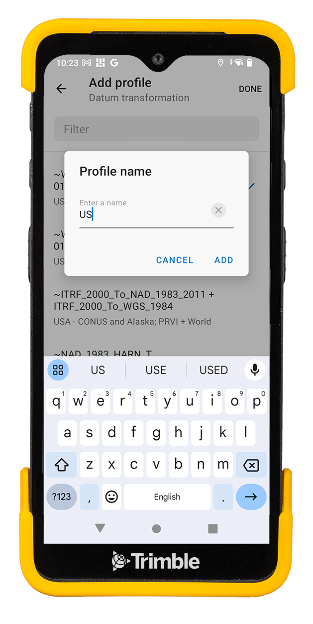 Device showing Trimble Mobile Manager on screen