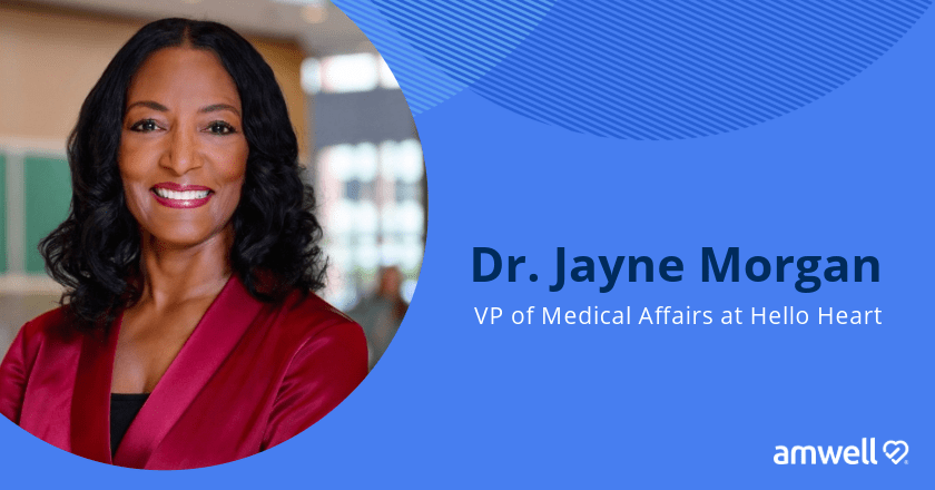 Picture of Dr. Jayne Morgan on a blue background with her name and title, Vice President of Medical Affairs at Hello Heart