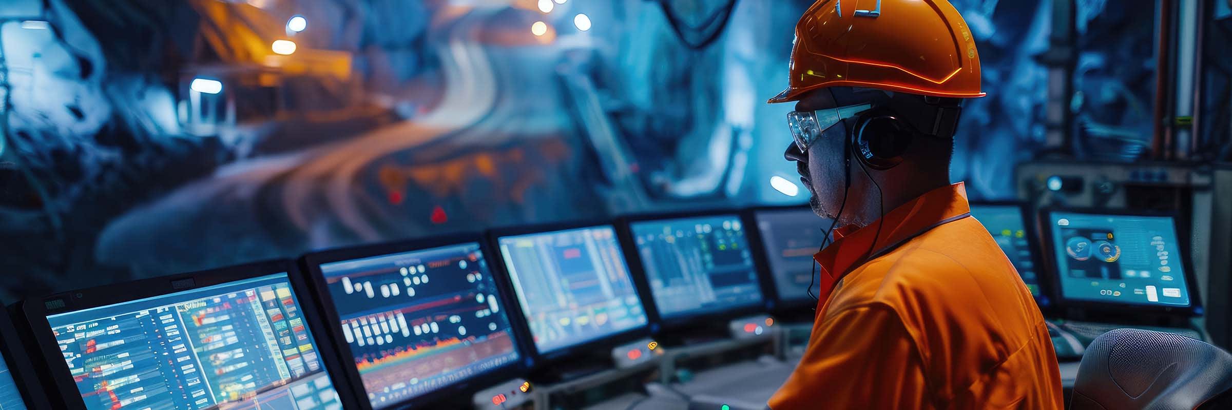 Bell employee in an underground mine looking at screens displaying information to ensure operations run smoothly