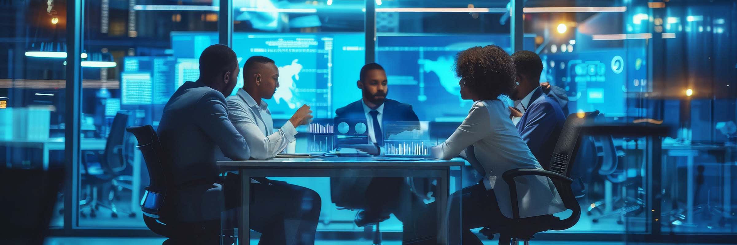 An AI Centre of Excellence team collaborating on strategic AI implementation and adoption initiatives in a modern enterprise.