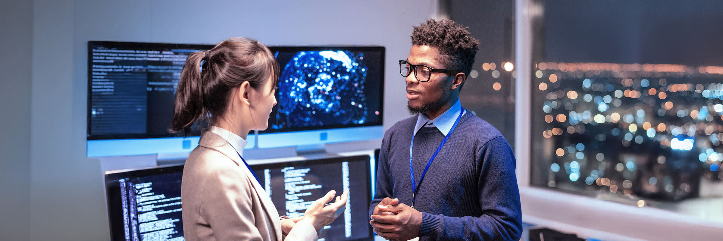 Two people discuss AI implementations and the benefits of learning from the experience of a partner like Bell. 