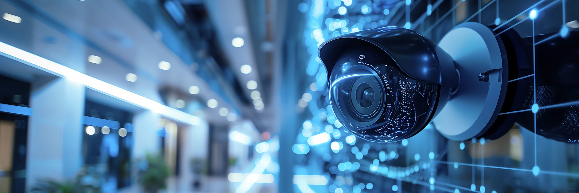A camera is monitoring an office space and shows digital overlays indicating its connectivity to deliver real-time data.