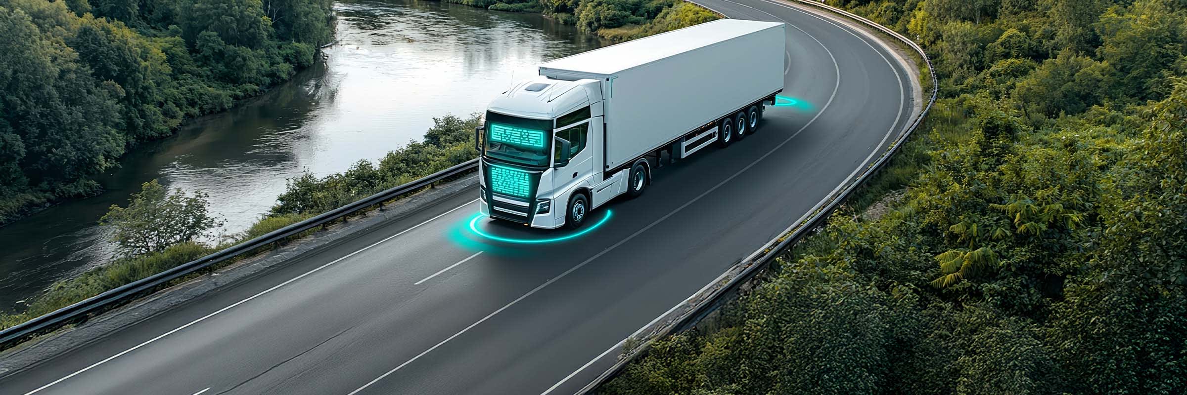 A truck on a highway by a river shows digital overlays indicating driver safety has been enhanced with IoT fleet technology. 