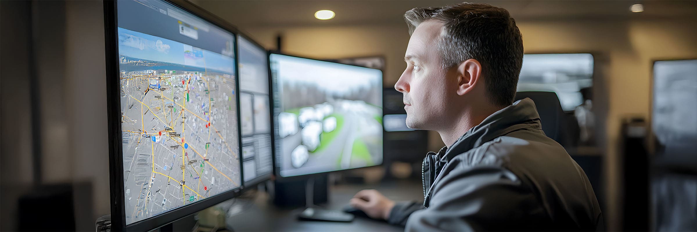 An employee is looking at 3 computer monitors and using real-time insights to optimize a route for his smart, connected IoT fleet.