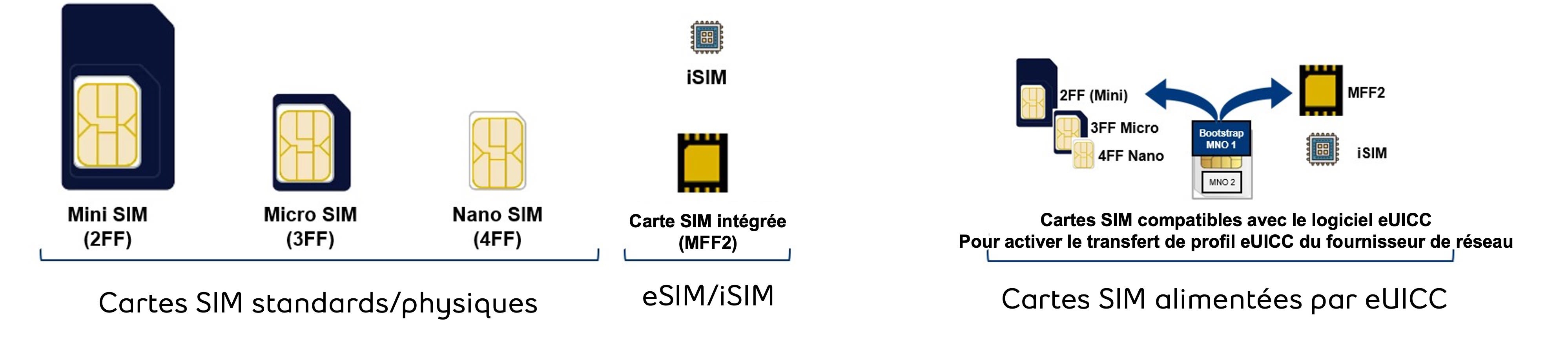 Formes des cartes SIM et cartes SIM alimentées par eUICC.