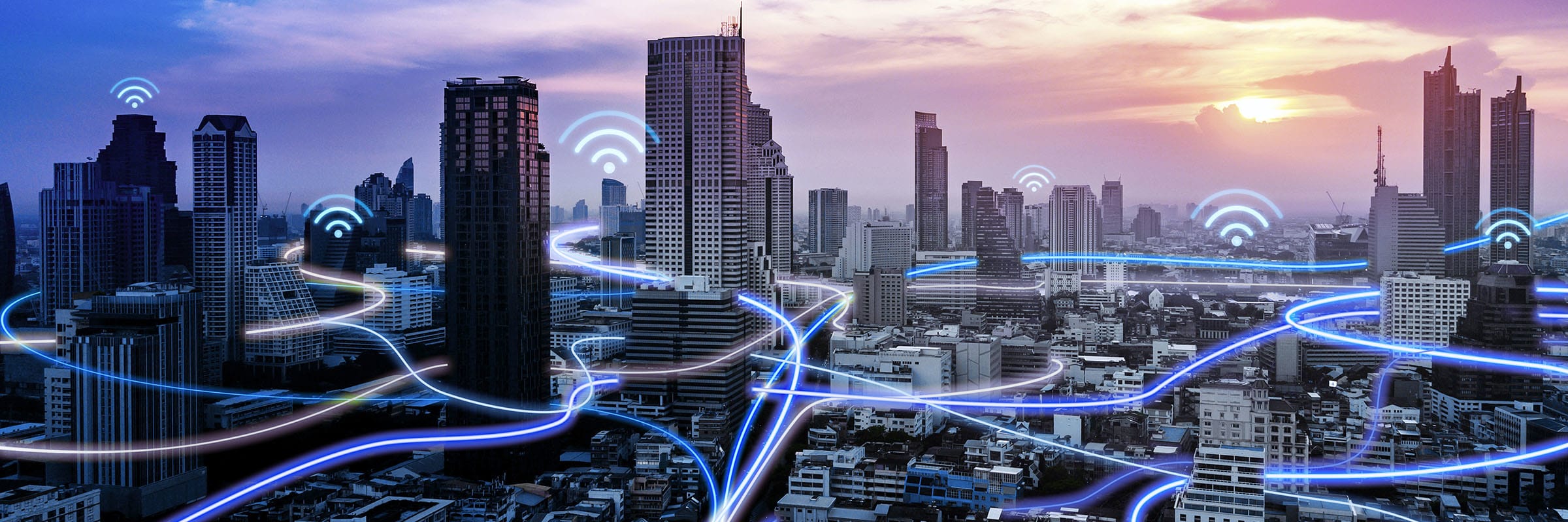 Ciityscape showing IoT connections using Bell mobile networks.