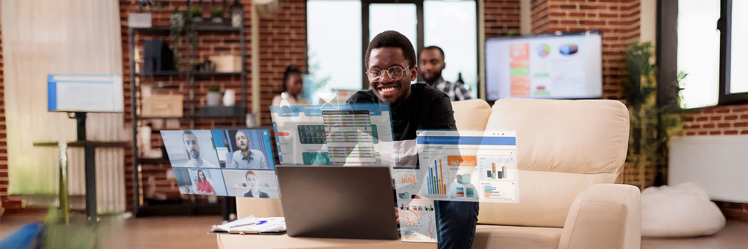 A Bell employee uses video conferencing and AI-powered analytics for enhanced remote team collaboration.