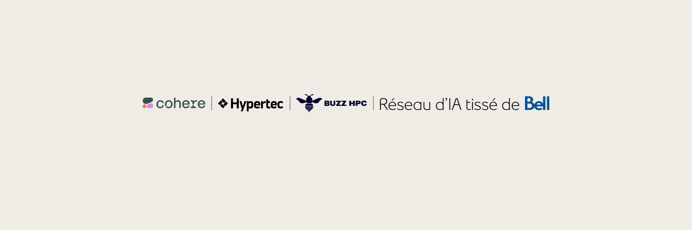 Logos du R&eacute;seau d'IA tiss&eacute;e de Bell, Cohere, Hypertec et BUZZ HPC