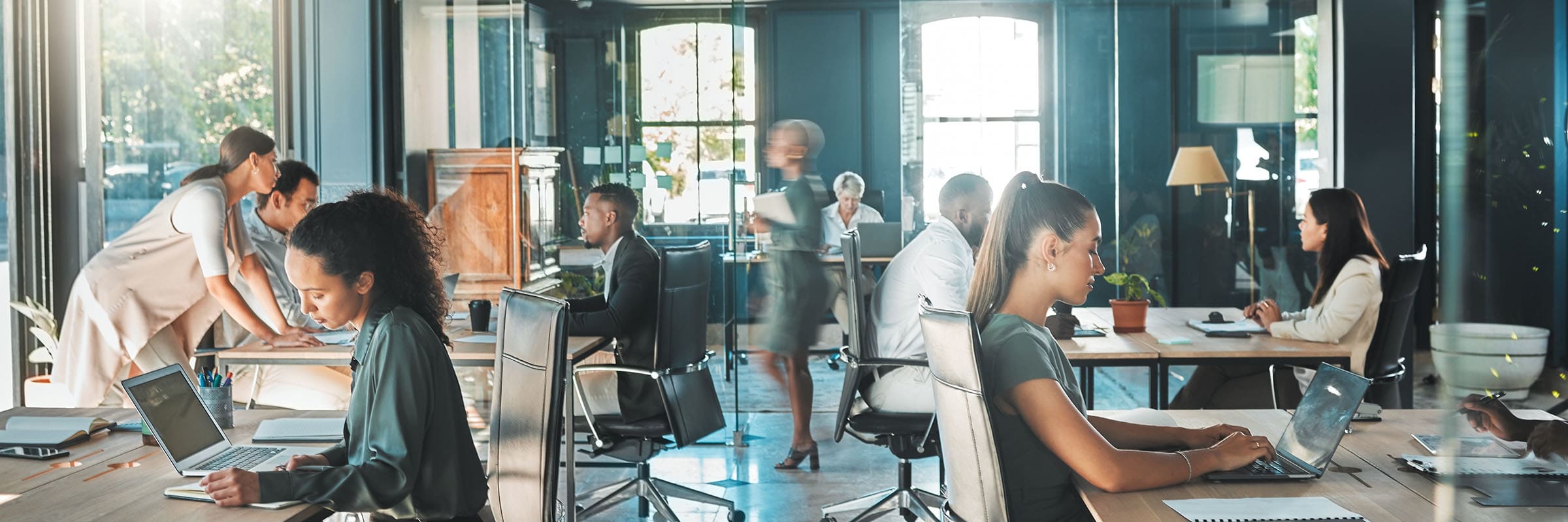 Des personnes travaillant dans un bureau. On y voit 4 tables et 11 personnes qui travaillent et collaborent dans un environnement de bureau. 