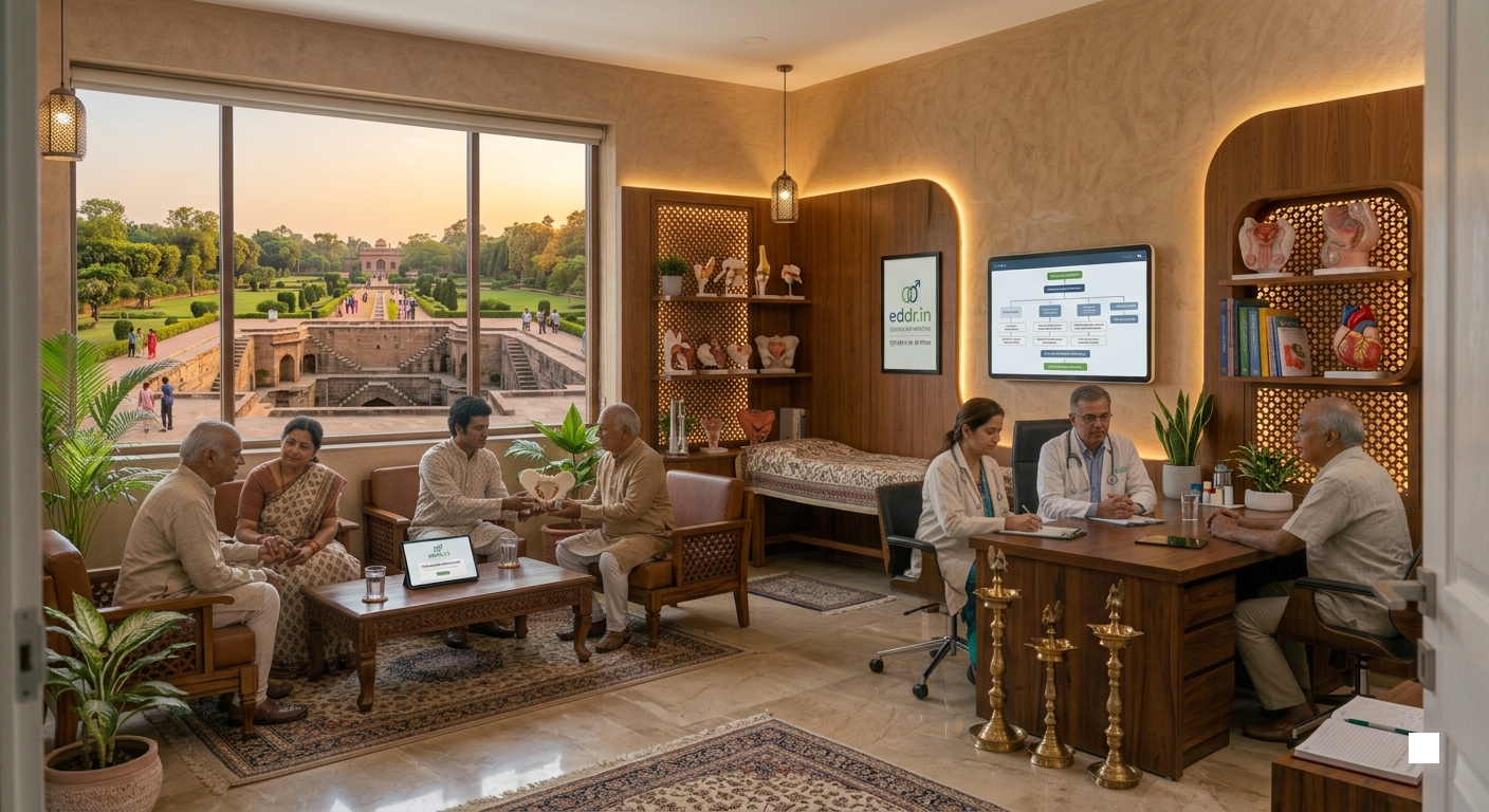 Doctor explaining erectile dysfunction treatment during a clinic visit