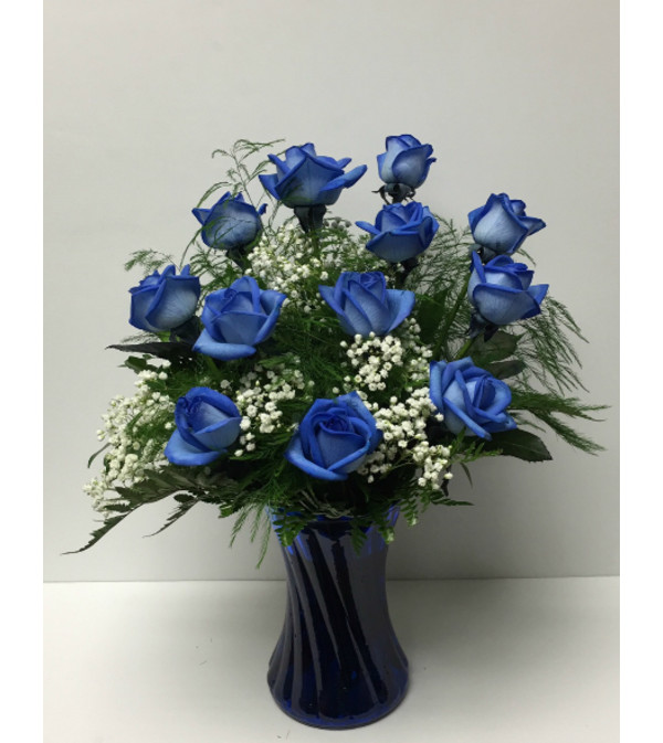 12 Blue Roses Arranged in a Vase