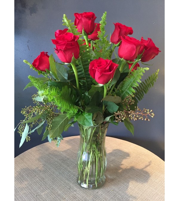 Classic Dz. Red Long Stem Roses With Greens