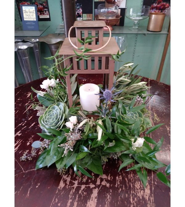 succulent arrangement with lantern