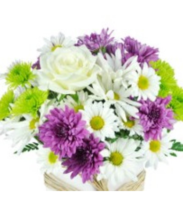 VASE OF WHITE AND PURPLE FLOWERS