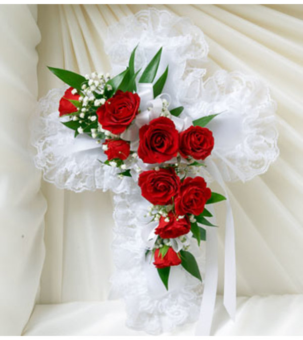 Cross Casket Pillow Red & White Satin