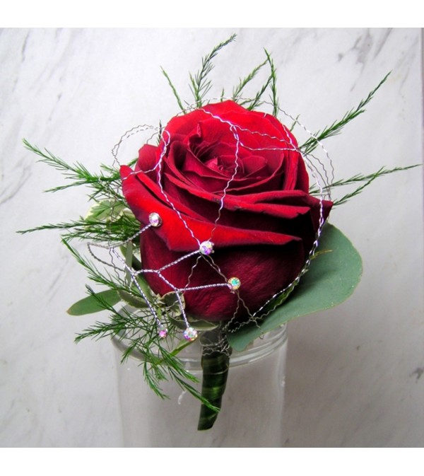 Red Rose Boutonniere with Rhinestone