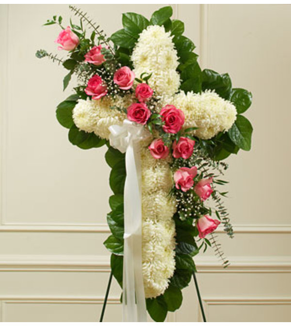 Cross Tribute with Pink Roses
