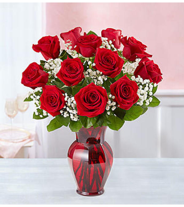 Red Roses One Dozen in Red Vase