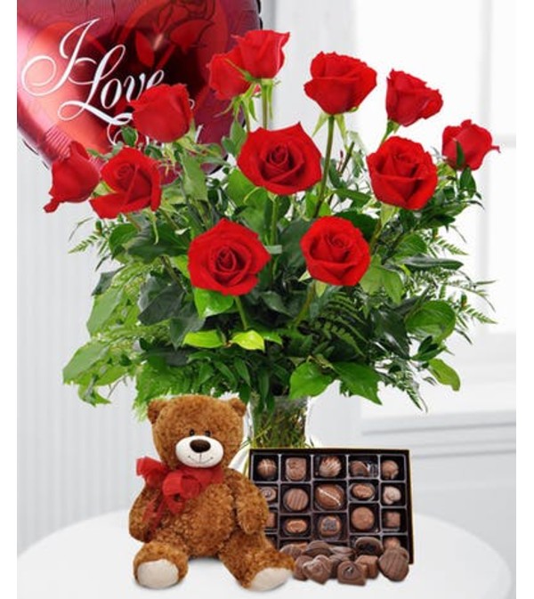 12 Roses, Balloon, Bear & Candy