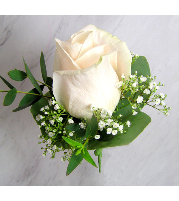White Rose Boutonniere with Baby's Breath