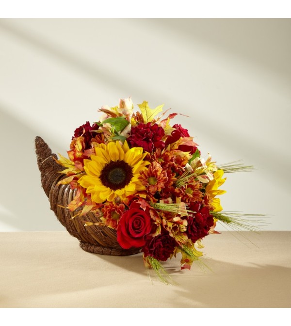 Fall Harvest Cornucopia with Sunflowers
