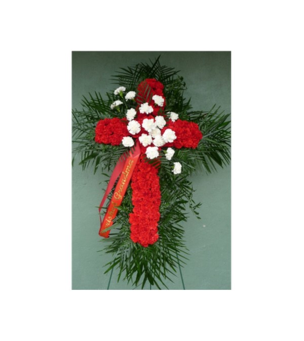 RED CARNATION CROSS WITH WHITE CARNATION BREAK