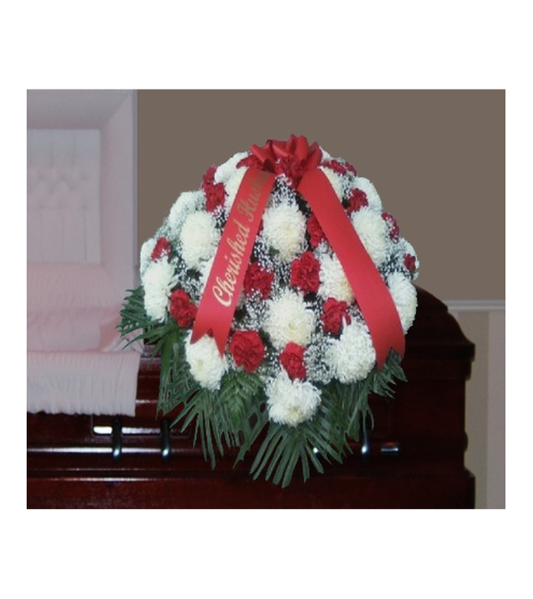 WHITE FOOTBALL MUM AND RED CARNATION CASKET SPRAY