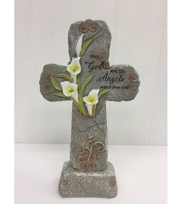 9.5" Resin Cross with Lily "May God and His Angels watch over you