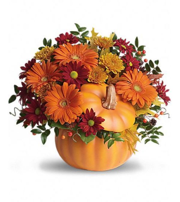 FALL MIX OF FLOWERS IN CERAMIC PUMPKIN