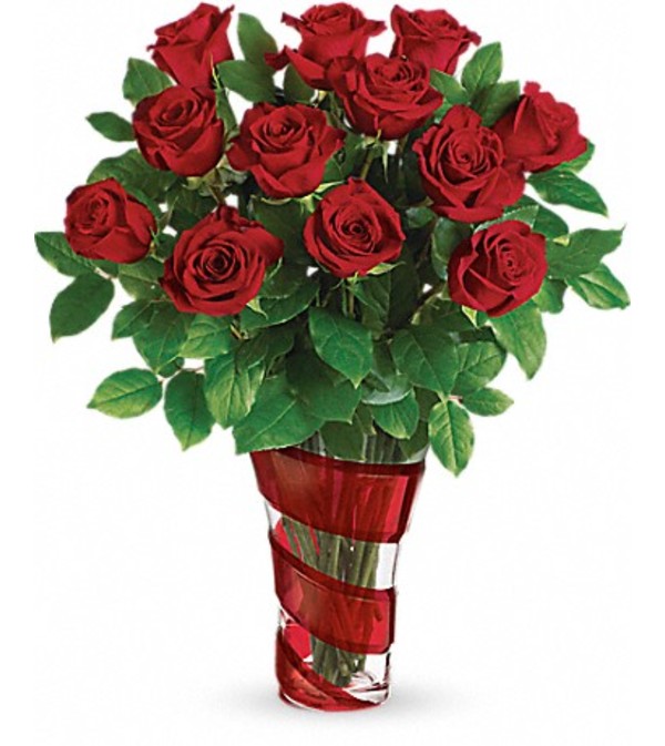 Classic Red Roses in Swirl Glass Upscale Vase