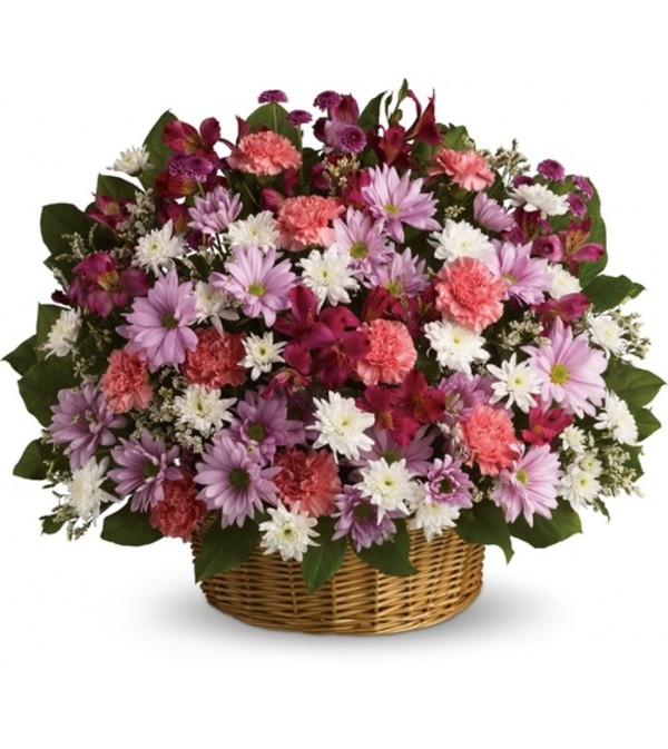 THREE-SIDED ARRANGEMENT OF ASSORTED DAISIES IN WIDE BOTTOM BASKET