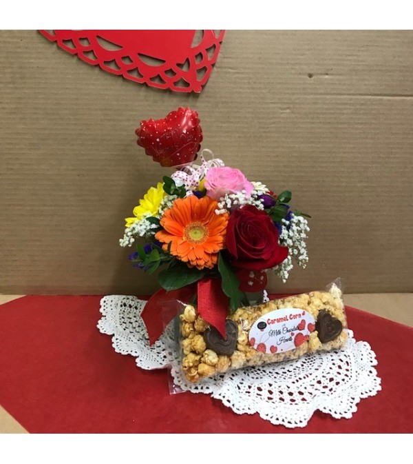 Fresh Valentine's Popcorn and Flower Arrangement
