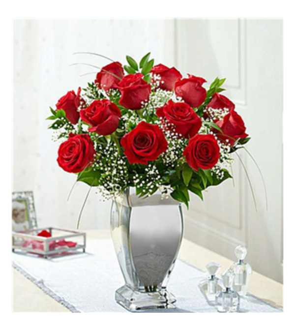 Long Stem Premium Roses in Silver Vase One Dozen