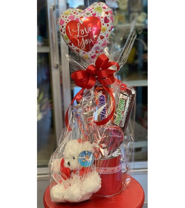 I Love You candy arrangement with plush
