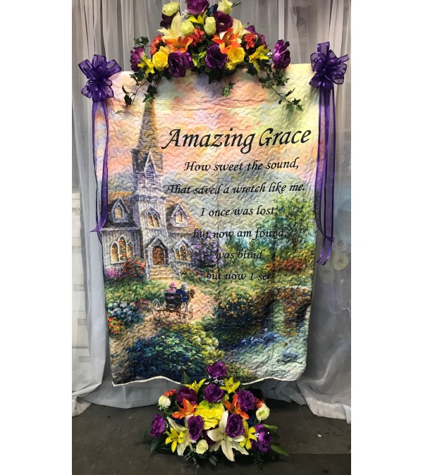 Amazing Grace Quilt on Stand with Silk Flowers