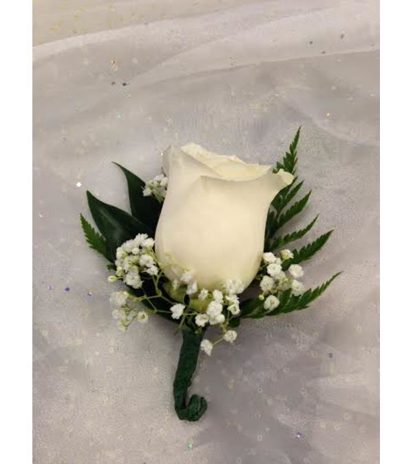 Boutonniere - White standard rose & babies breath (pick up only)