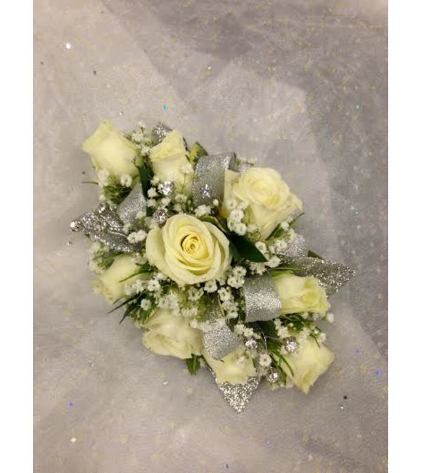Wristlet 6 - white spray roses, silver accents