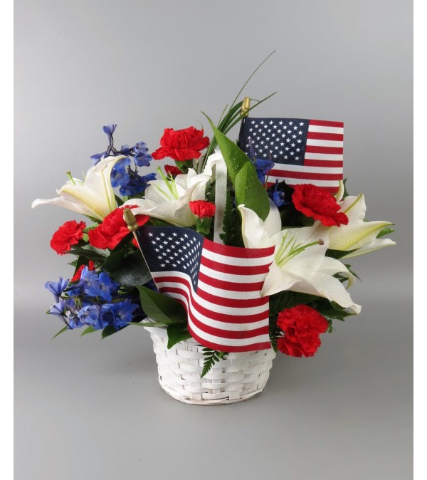 Red, White & Blue Basket Arrangement with flags