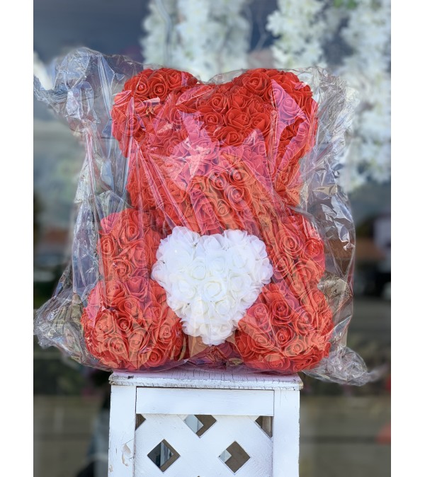 Medium Red Rose Bear (With White Heart)