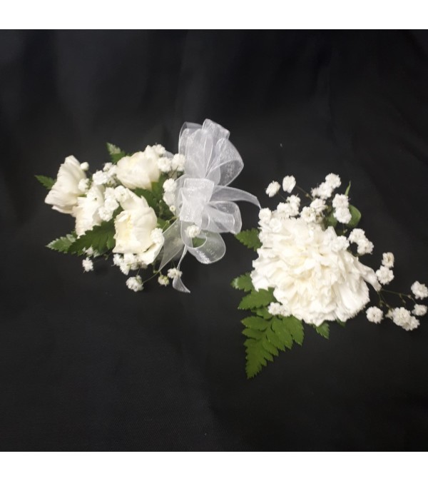White carnation corsage and boutonniere Set