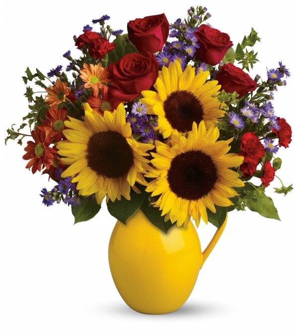 Sunny Day Pitcher of Joy with roses