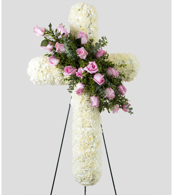 Standing Cross with White and Pink Carnations