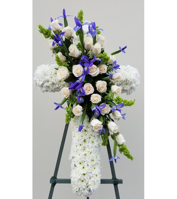 White Cross with Blue Irises