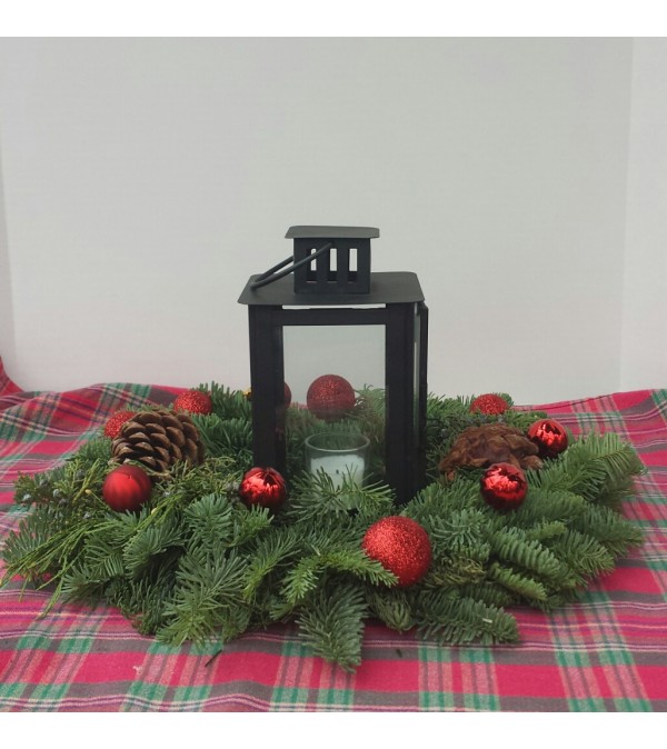 Fresh Christmas wreath with lantern
