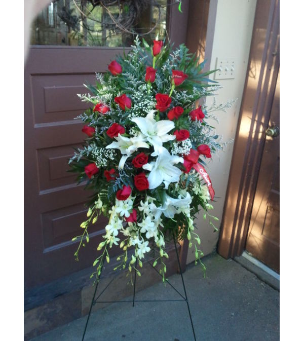 Lily And Red Rose Standing Spray