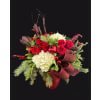 Scarlet and Snow Delight Centrepiece - Standard. An arrangement by Hillcrest Florist.